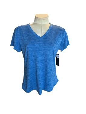 Bally Total Fitness Short Sleeve V-Neck Blue Dry Wik Workout Top Size Medium